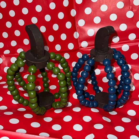 Set of 2 Green & Blue Wood Beaded Harvest Pumpkin Shaped Farmhouse Fall Decor - Picture 1 of 7